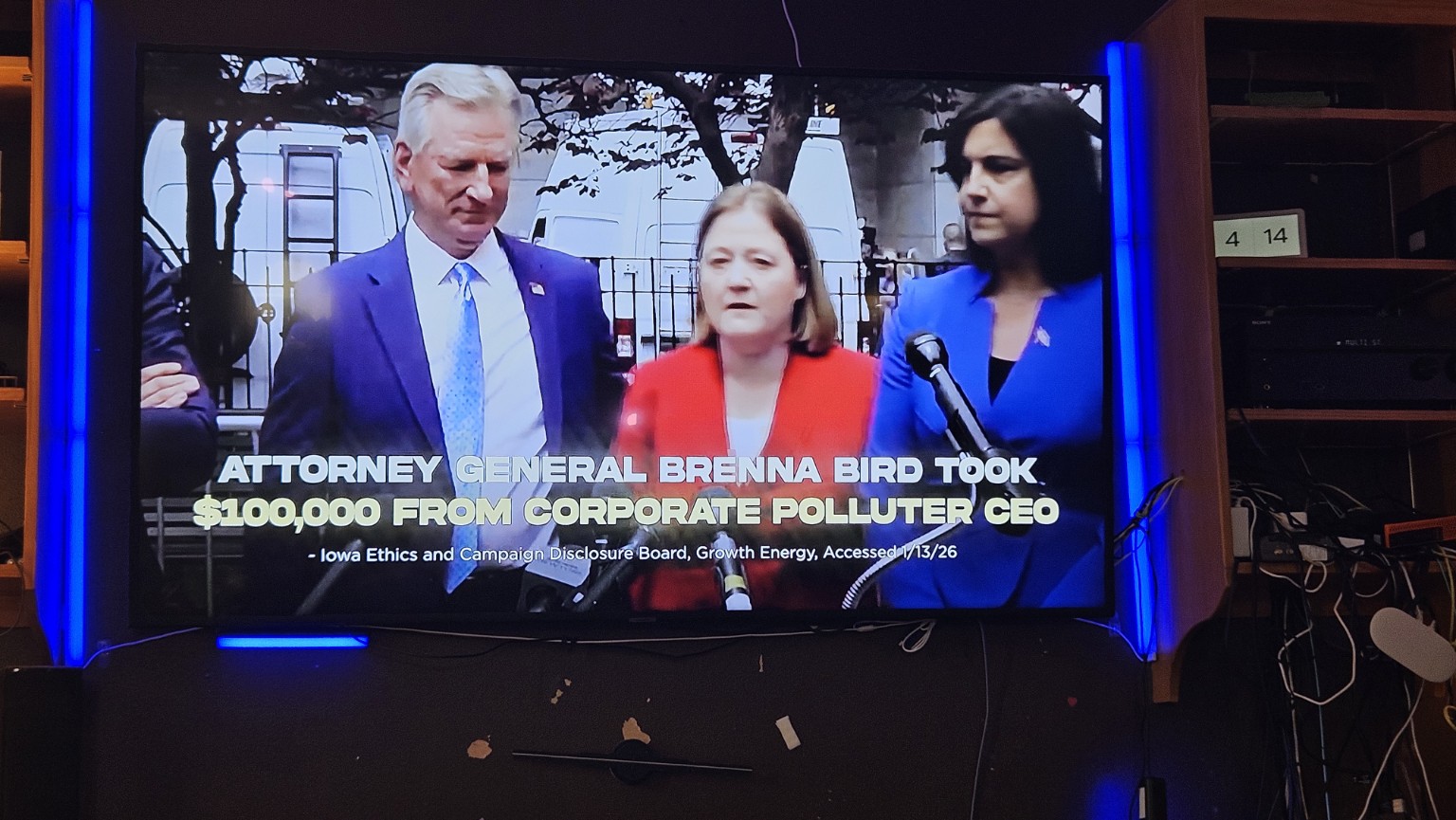 Television frame from the Willems campaign ad stating that Attorney General Brenna Bird took $100,000 from a corporate polluter CEO